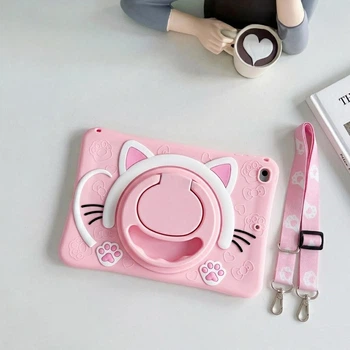 Чехол детский Silikon Power с подставкой и ремешком Котик Apple iPad 11" 2025 (A16) Pink