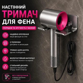 Настінний тримач / підставка / органайзер для фена, сірий (75423268)