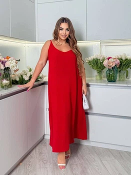 Сарафан женский из крепа жатки на бретельках свободного кроя макси летний G&M k-130442 58-60 Размер цвет красный