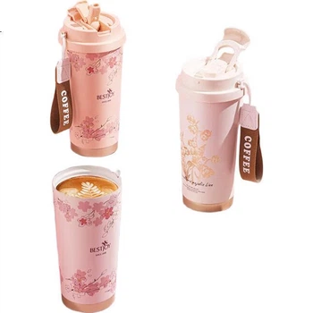 Термокухоль FUGURNG BESTJOY з трубочкою 520 мл White, Cherry Blossom