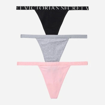 Набір трусиків стрінгів жіночих бавовняних Victoria's Secret 232022726 L 3 шт Рожевий/Сірий/Чорний (1159863000)