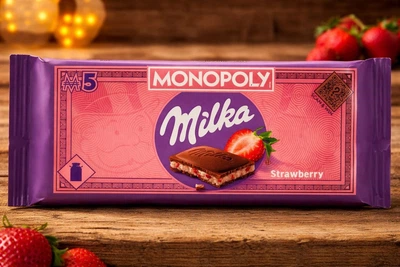 Шоколад молочний плитка Milka Monopoly game Series Мілка Монополія з полуничною начинкою Плитка 90г