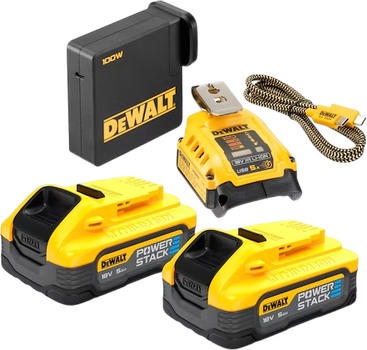 Стартовий набір DeWalt 18/54 V PowerStack 2 акумулятори 5 Аг + зарядний пристрій та USB-адаптер (DCB094H2-QW)
