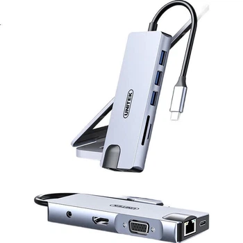 Док-станція розширення UNITEK Type-C, порт USB 3.0 Gigabit Ethernet, адаптер для дублювання екрана HDMI/VGA, швидка зарядка PD, зчитувач аудіокарт, підходить для iPad, Apple Mac Mini