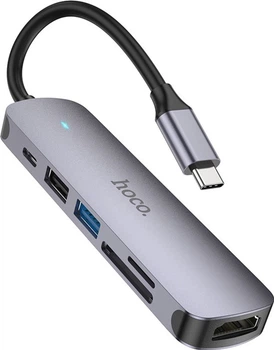 USB-хаб Hoco HB28 Type-C Multi-function Converter (HDTV+USB3.0+USB2.0+SD+TF+PD) Metal Gray (6931474769336)
