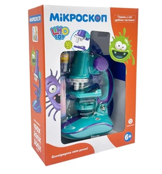 Детский микроскоп (Turquoise) свет, 19,5 см, 2 пробирки, стекло