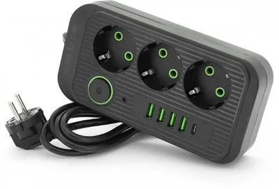 Удлинитель сетевой с USB и Type-C, 3 розетки, 4 USB-порта, шнур 3 м, черный Без бренду