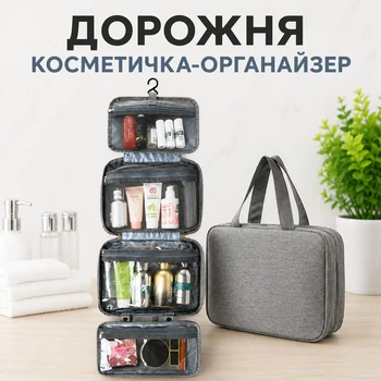 Дорожня підвісна сумка-органайзер несесер для косметики у валізу, сіра