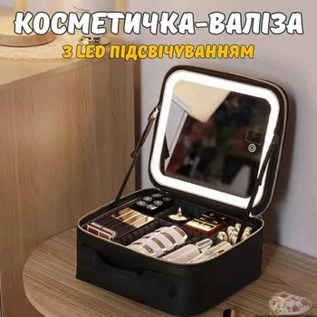 Косметичка-чемодан с сенсорным зеркалом, имеющая LED подсветку (черный)