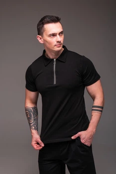 Футболка t-shirt поло мужская с воротником трикотажная на змейке XXL черная (2530)