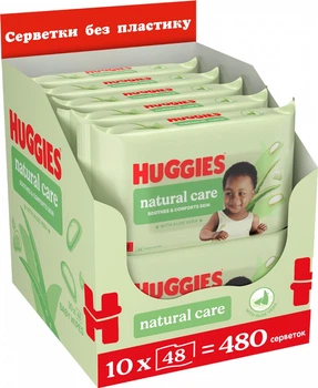 Упаковка влажных салфеток Huggies Natural Care Без пластика 10 пачек по 48 шт (5029054253434)