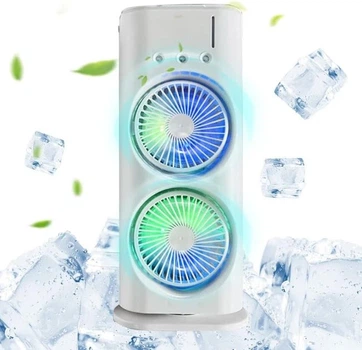 Вентилятор-зволожувач Double-Ended Spray Fan для комфортної прохолоди вдома та в офісі настільний міні кондиціонер з автоповоротом подвійним обдувом розпиленням води крижаним охолодженням акумулятором USB живленням та тихою роботою