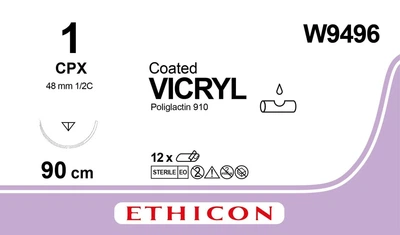 Вікрил (Vicryl) 1, довжина 90см, зв-ріж. голка 48мм W9496