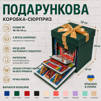 Подарункова розкладна коробка сюрприз 3-рівнева для фото, солодощів та подарунку, коробка трансформер 16х16х16 см Зелена