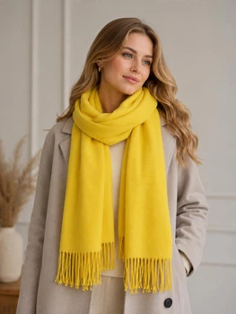 Женская шаль Cashmere с бахромой 200*35см лимонная