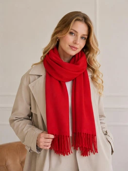 Женская шаль Cashmere с бахромой 200*35см красная