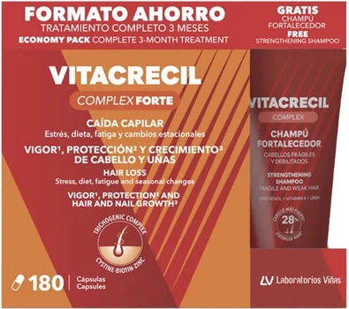 Дієтична добавка Vitacrecil Complex Forte Набір проти випадіння волосся Капсули 180 штук + Стимулювальний шампунь 200 мл (8431461023734)