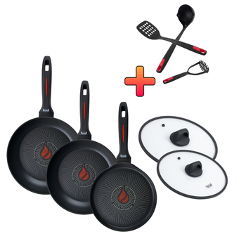 Набір зі сковорідок Smart Fry 26 см, 28 см та сковорідка для млинців 24 см + ПОДАРУНКИ: ополоник, лопатка та картоплемялка