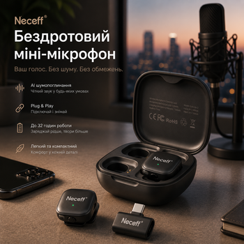 Беспроводной петличный микрофон Neceff Echo Air 2 для iPhone 15/16/17 Android USB-C с AI шумоподавлением и кейсом