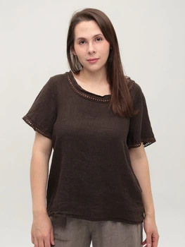 Блуза-футболка женская коричневая льняная тонкая 685-7 ONE SIZE