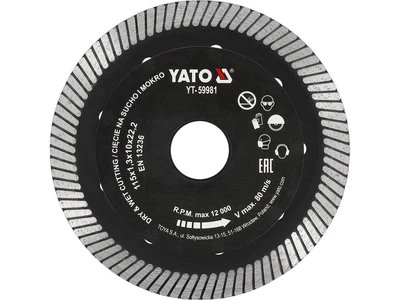 Диск отрезной алмазный YATO TURBO для греса и керамики 115 x 1.3 x 10 x 22.2 мм для мокрой и сухой резки YT-59981