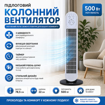 Колонный вентилятор 500Вт с таймером 60мин Напольный электрический вентилятор 3 скорости для дома офиса до 20 кв м