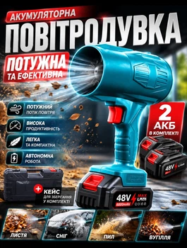 Аккумуляторная воздуходувка садовая с двумя АКБ 48В мощный электрический садовый пылесос для уборки листьев мусора и пыли с кейсом в комплекте
