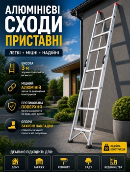 Драбина алюмінієва приставна складна 3 метри драбина трансформер для ремонту та малярних робіт з протиковзкими ступенями