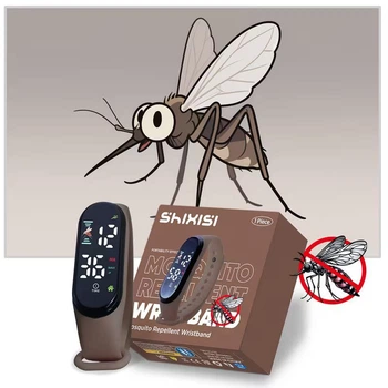 Ультразвуковой браслет от комаров SHIXISI Mosquito Repellent Wristband, электронный отпугиватель насекомых с дисплеем, унисекс, коричневый