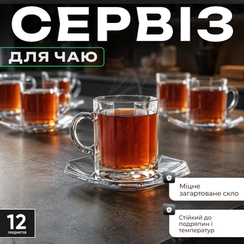 Набір чашок для чаю з блюдцями 12 предметів, прозорий чайний сервіз 6 персон 220 мл із загартованого скла