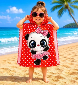 Пончо детское пляжное Belizza Panda devacka 60×120 см красное с капюшоном 100% хлопок