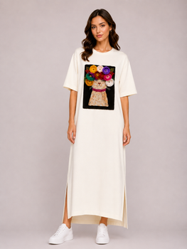 Женское платье-футболка макси Цветочный кот Modna KAZKA MKSH2457/1 - 58/60, Айворі