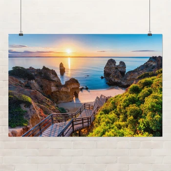 Постер Тропический пляж, горы и закат, Португалия, природа, A1 60×90 см (id7070)
