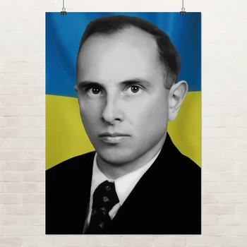 Постер Степан Андреевич Бандера, ч\б, флаг Украины, Stepan Bandera, A3 42×29 см (id6047)