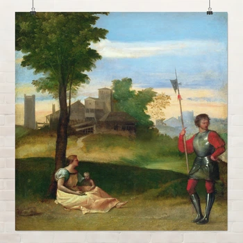 Постер Идиллия: Мать с алебардщиком. Тициан, Titian, An Idyll, A3 30×30 см (id6980)