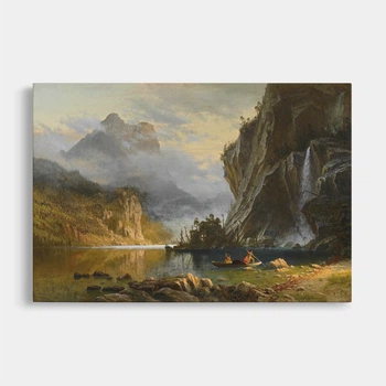 Інтер'єрна картина Альберт Бірштадт, Індіанська риболовля, Albert Bierstadt, репродукція картини, 28×42 см (id7004)