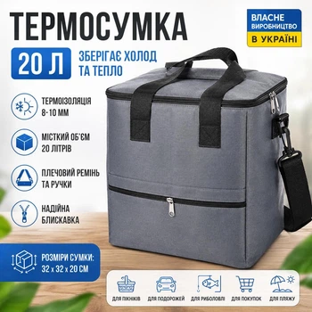 Термосумка-холодильник 20 л сіра 32×32×20 см ізотермічна сумка для продуктів до 14 годин, плечовий ремінь, міцна тканина