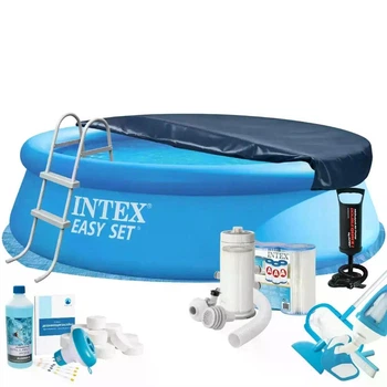 Надувной бассейн Max Intex 28130-11в1 синий из ПВХ круглый на 5621 л с подстилкой ручным насосом стремянкой фильтром 3785 л/ч картриджами альгениксом хлором в таблетках тентом сачком и пылесосом 366 х 76 (9-163-28130-11 MaxPro)