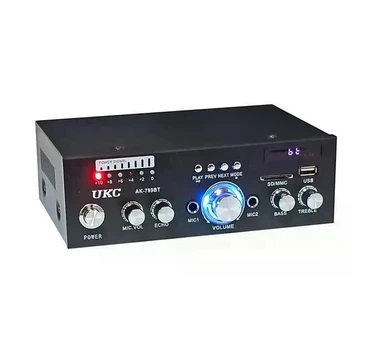 Підсилювач звуку UKC AMP-799BT Bluetooth 5.0 USB SD TF FM радіо Karaoke стерео підсилювач 2x30W для колонок акустики аудіопідсилювач з мікрофонними входами металевий корпус пульт ДК підтримка карт пам'яті живлення 220V 12V