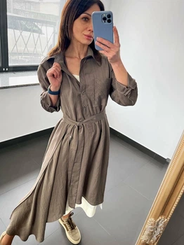 Женское платье рубашка асимметричное в полоску с поясом Катрин PARI MKPR305079 - 56, Коричневий