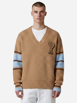 Пуловер чоловічий Ami Paris V-Neck Heart Logo Striped Knit Sweater AP07001.6XL XL Бежевий (396556914819)