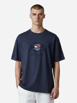 Футболка хлопковая длинная мужская Tommy Hilfiger Crest Tee T-Shirt TH12003.3XL XL Темно-синяя с вышивкой (444589300286)