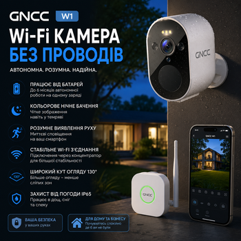 Беспроводная Wi-Fi камера видеонаблюдения GNCC W1 автономная на батареях с концентратором и цветным ночным видением