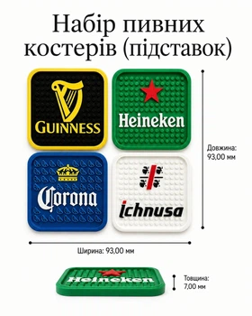 Набір пивних костерів (підставок) Guinness, Heineken, Corona, Ichnusa. Aivory