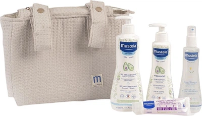 Zestaw kosmetyków dla dzieci Mustela Beige Trolley Żel do kąpieli 500 ml + Mleczko do ciała 300 ml + Krem-balsam 50 ml + Woda odświeżająca do stylizacji włosów 200 ml + Torba (8436034154556)
