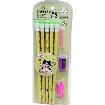 Карандаши графитные HB Happy&Lucky с большим ластиком 10 шт Зеленые