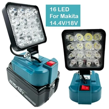 Светодиодный прожектор 54W аккумуляторный для Makita 14.4V/18V, складной LED прожектор 16 LED, рабочее освещение для стройки и кемпинга