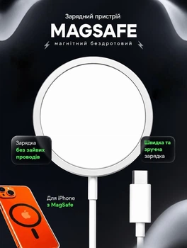Беспроводное зарядное устройство MagSafe для iPhone 15W магнитная зарядка Type-C для iPhone 12 13 14 15 16 17 и AirPods Белый
