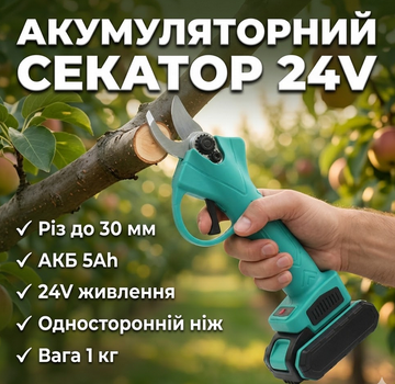 Аккумуляторный секатор 24V 5Ah для обрезки веток до 30 мм с 2 АКБ и кейсом
