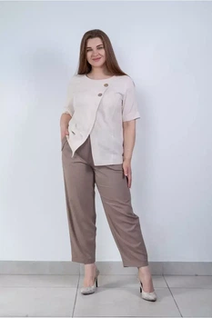 Женские льняные брюки свободного кроя на резинке NITA MKNT1412 - 50, Капучіно